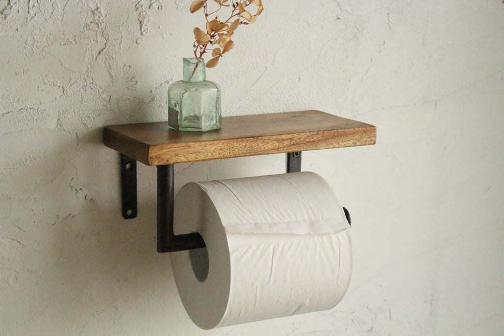 ウッドシェルフ・トイレットペーパーホルダー 上に小物が置ける棚付き