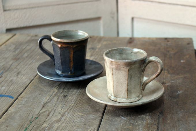 笠間焼【益子淳一】・面取カップ＆ソーサー/作家のうつわ 2色展開