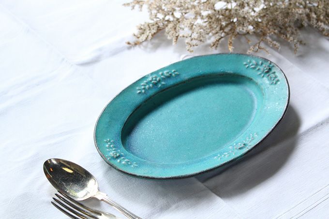 益子焼・シャビーターコイズプレートオーバル