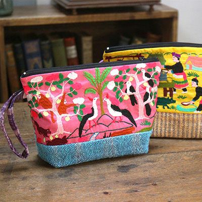 かわいい(u)ラオス手刺繍ポーチ(森の動物・森の暮らし)マチあり