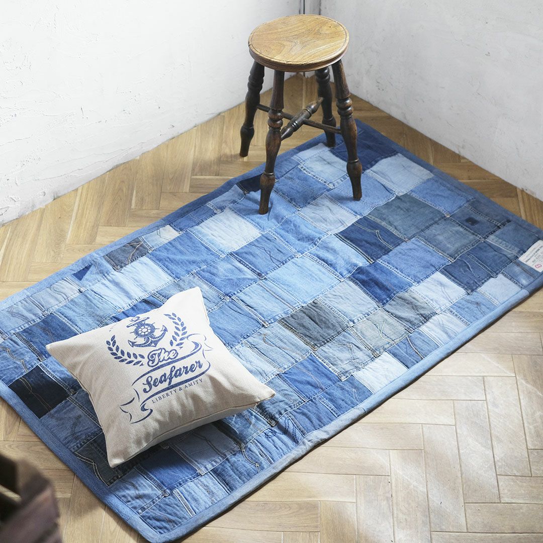本物のデニム　ラグ　 ヴィンテージ風デニム生地の玄関マット 約 80×150 cm 1畳｜輸入絨毯