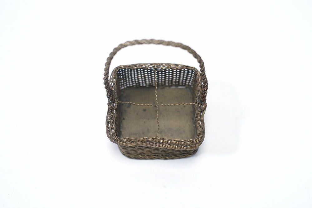 アンティーク フレンチ シルバープレート小さなワイヤーパニエ 繊細な手編み籠