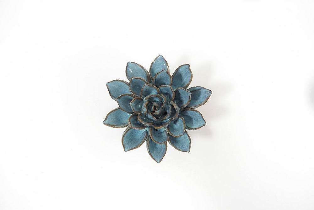 かわいい陶器のフラワーオブジェ ウォールデコ/ブルー おしゃれな