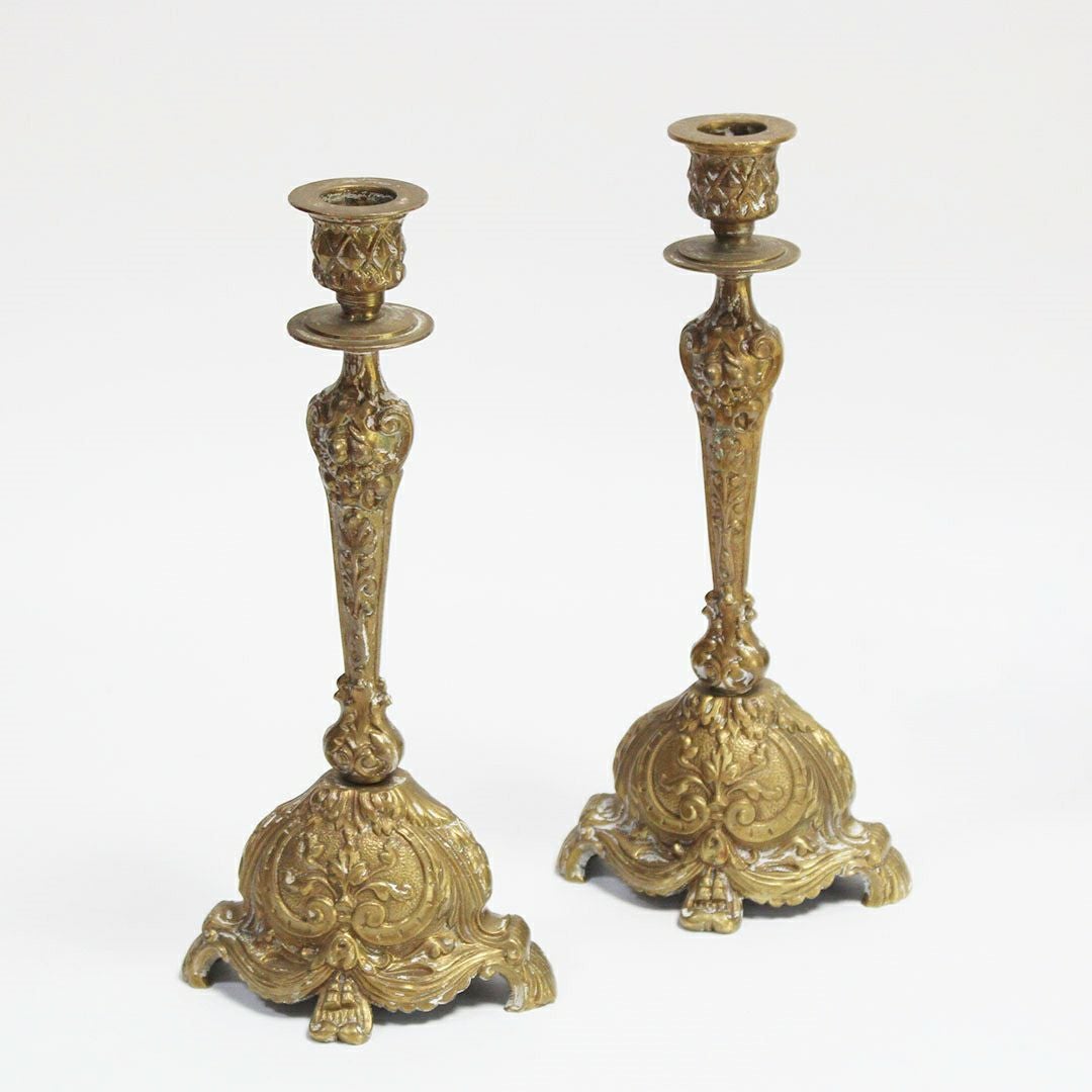 アンティーク 燭台ペア フランス 真鍮製 ゴシック ロカイユ 19世紀の