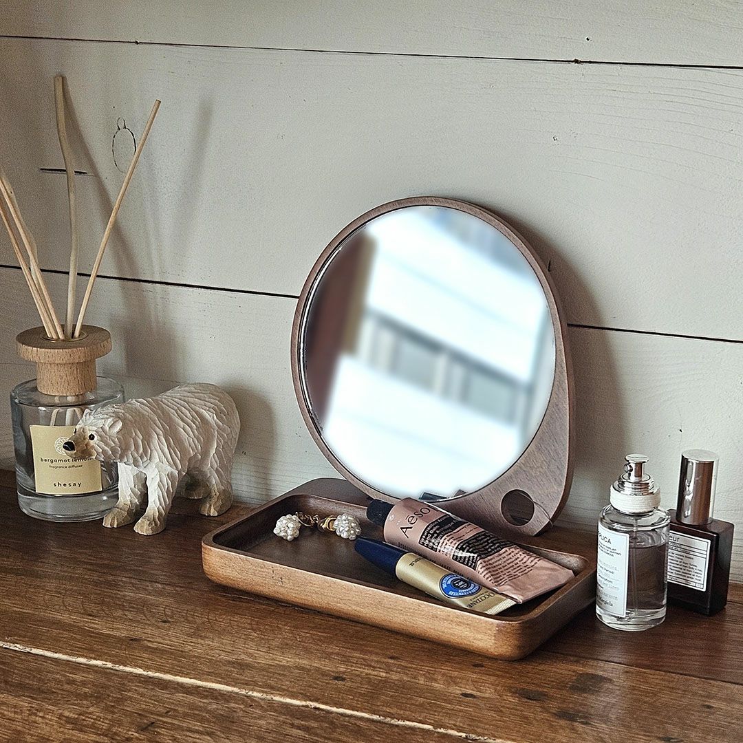 ウッドトレイ付きの丸い卓上ミラー 鏡を販売〈通販インテリアショップ