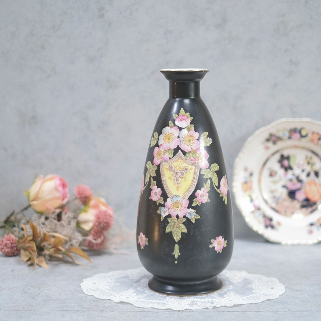 アンティーク 里帰り 薩摩焼 楠部 ベース 花瓶 アンティークフラワーベース イギリス CROWN DEVON 黒 陶器花瓶の通販