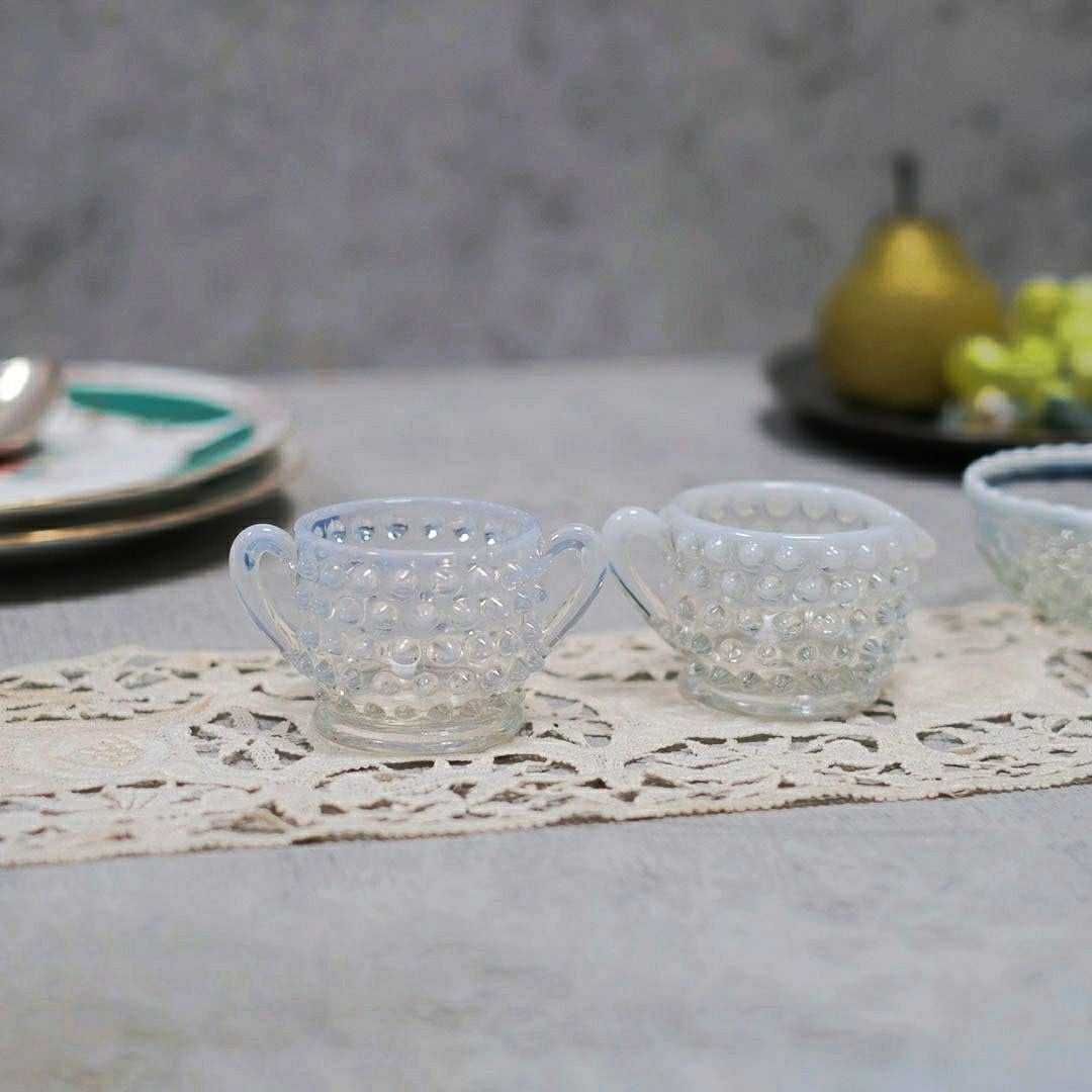 アンティークオパールセントガラス シュガーボウル&ミルクポットセット