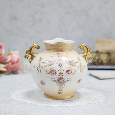 アンティークフラワーベース イギリス CROWN DEVON 陶器の花瓶 鳥と花