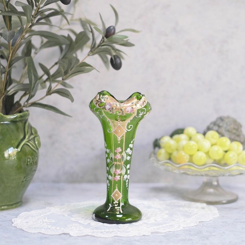 ヴィンテージフラワーベースベネチアンガラスエナメル彩色 MURANO 花瓶 
