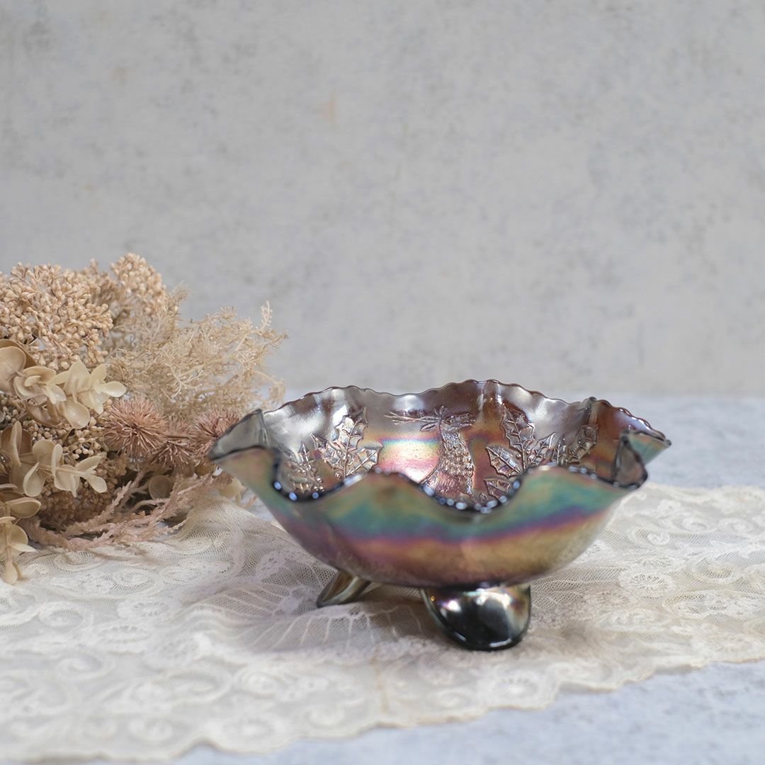 アンティークカーニバルガラストレイ 赤 ガラスフリル皿