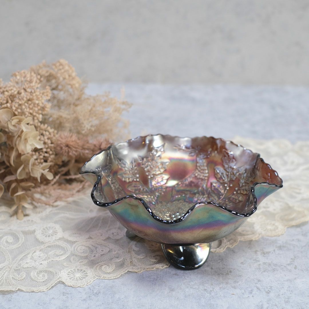 アンティークカーニバルガラストレイ 赤 ガラスフリル皿1