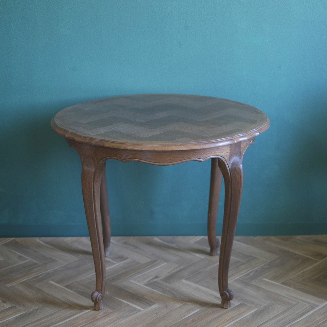 ヴィンテージ テーブル カフェテーブル 円卓 フランス 寄木細工天板