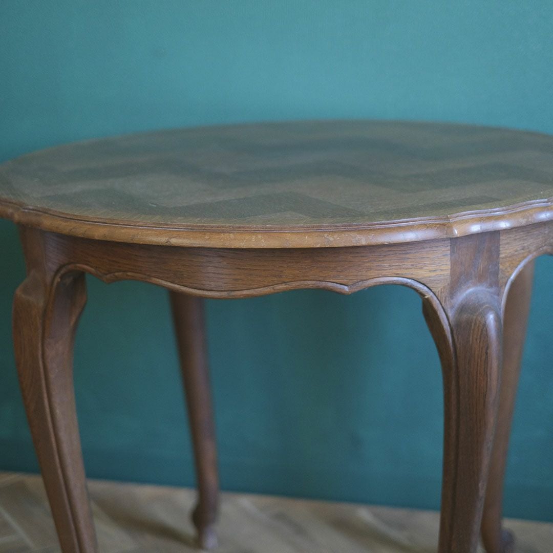 ヴィンテージ テーブル カフェテーブル 円卓 フランス 寄木細工天板