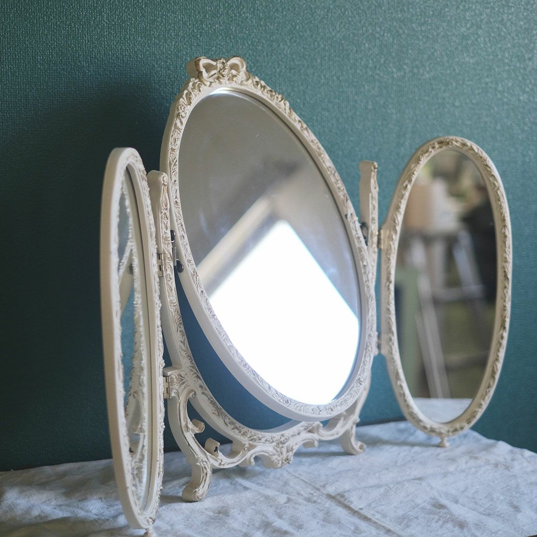 ヴィンテージ トリフォールドミラー ローズ イギリス ロココ様式リバイバルの鏡 三面鏡3