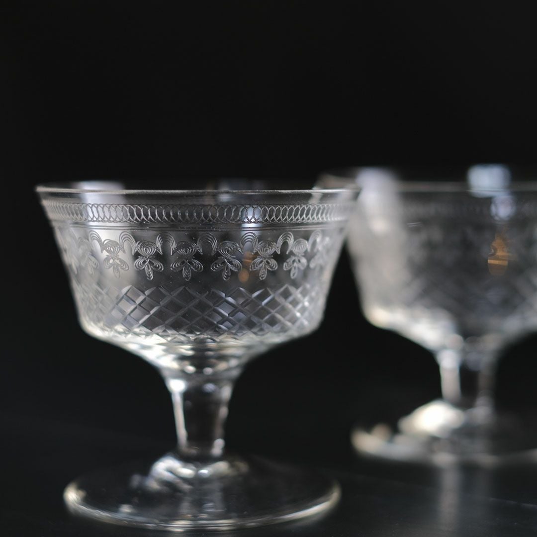 アンティーク クリスタル デザートグラス PALL MALL LADY HAMILTON イギリス エッチング模様