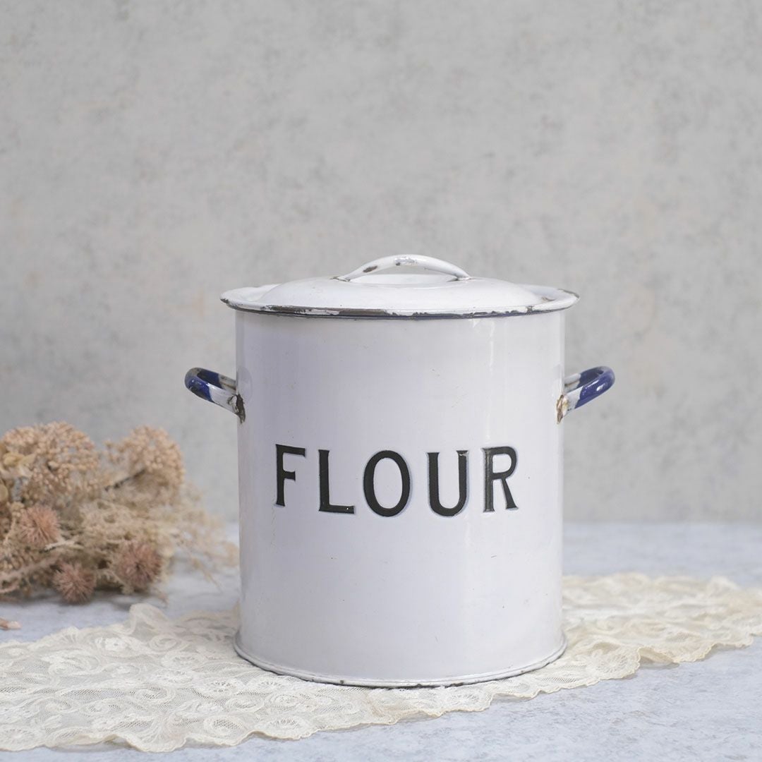 アンティーク ホーローFLOUR缶 イギリス 小麦粉保存容器 白い琺瑯ストッカー