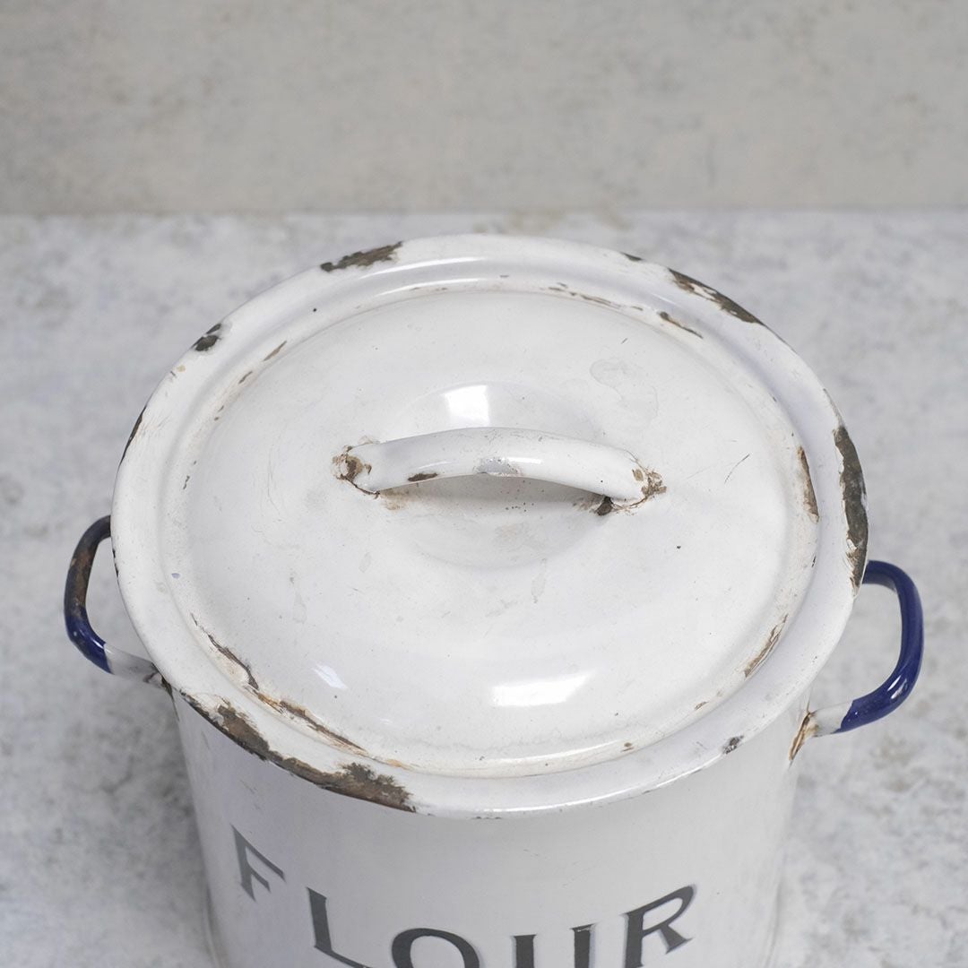 アンティーク ホーローFLOUR缶 イギリス 小麦粉保存容器 白い琺瑯ストッカー