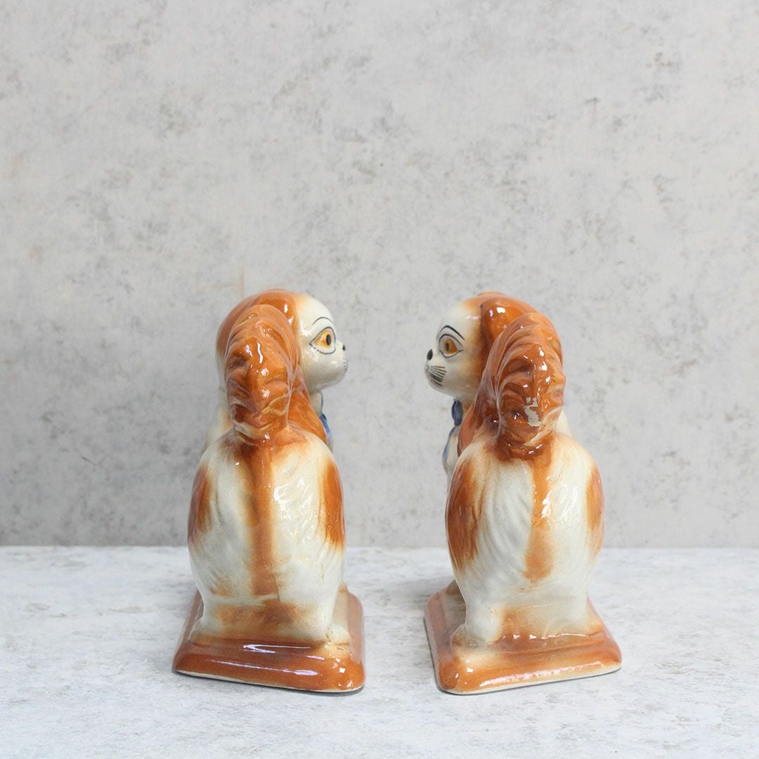 アンティークスタッフォードシャードッグの置物 ブルーリボン イギリス ペキニーズ犬 陶器