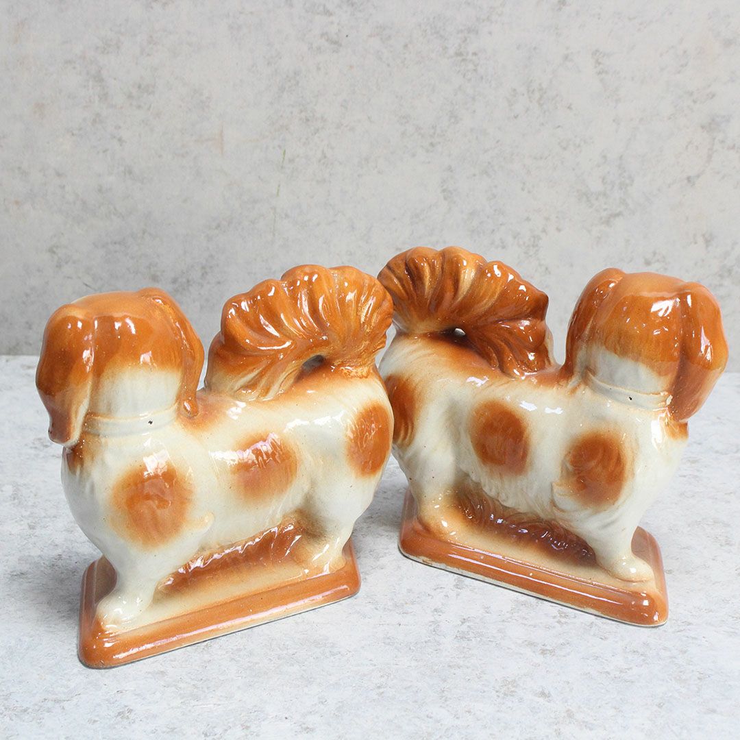 アンティークスタッフォードシャードッグの置物 ブルーリボン イギリス ペキニーズ犬 陶器