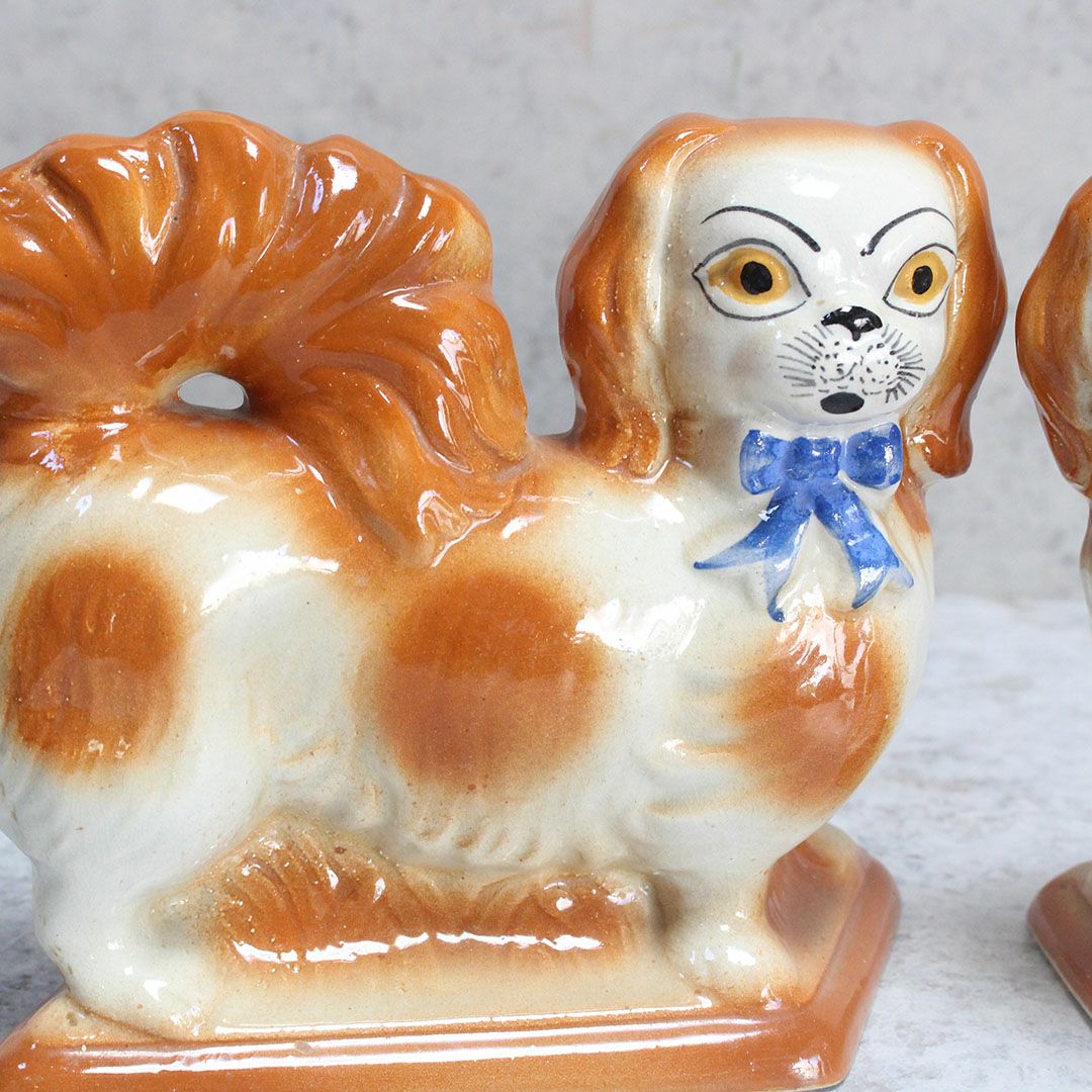 アンティークスタッフォードシャードッグの置物 ブルーリボン イギリス ペキニーズ犬 陶器