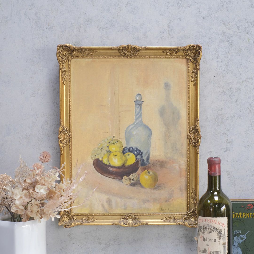 ヴィンテージオイルピクチャー 果物とデキャンタ イギリス 古い油絵
