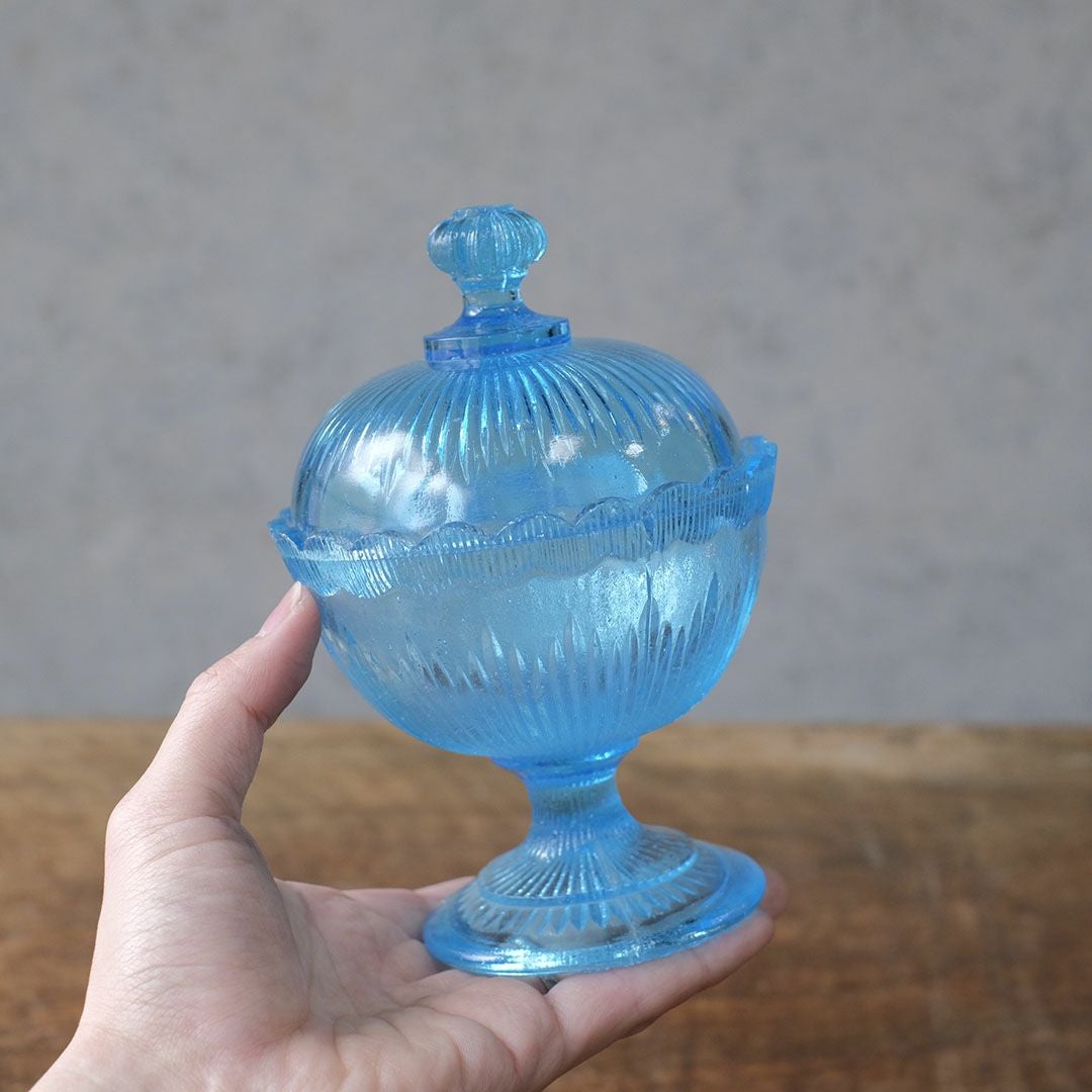 アンティークキャンディボウル 青いガラスの小物入れ フランス ボンボニエール