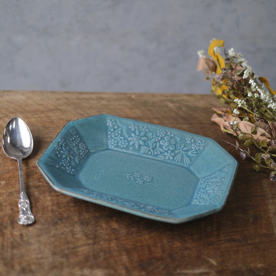 益子焼 kukka(クッカ) 八角皿 大 26cm ターコイズ色 わかさま陶芸 若林健吾