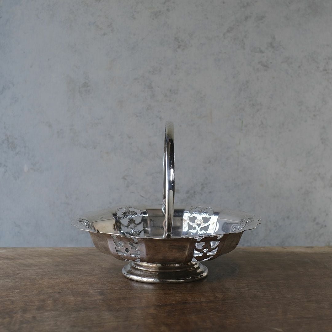 アンティーク シルバープレートハンドルバスケット 花 イギリス 折り畳み式ハンドル