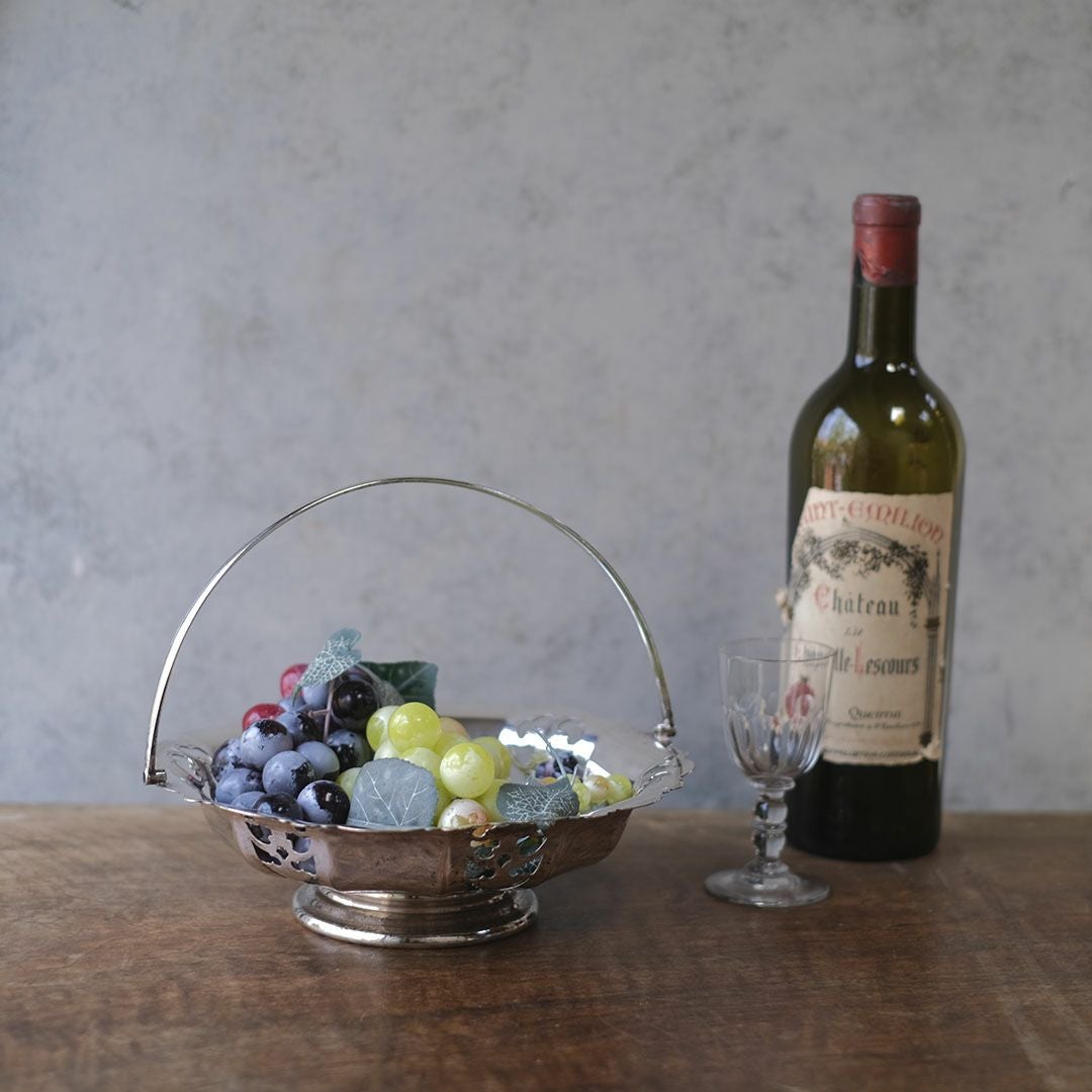 アンティーク シルバープレートハンドルバスケット 花 イギリス 折り畳み式ハンドル1