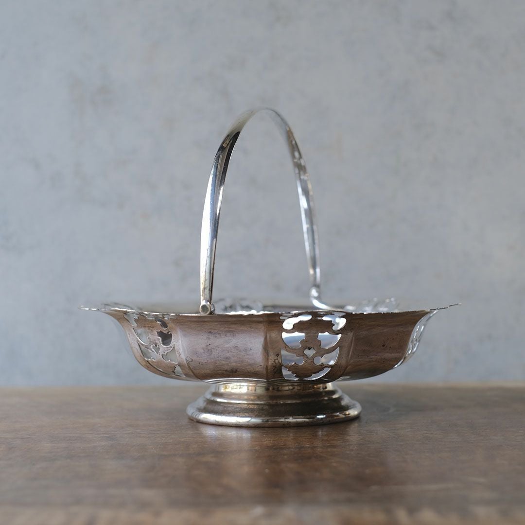 アンティーク シルバープレートハンドルバスケット 花 イギリス 折り畳み式ハンドル4
