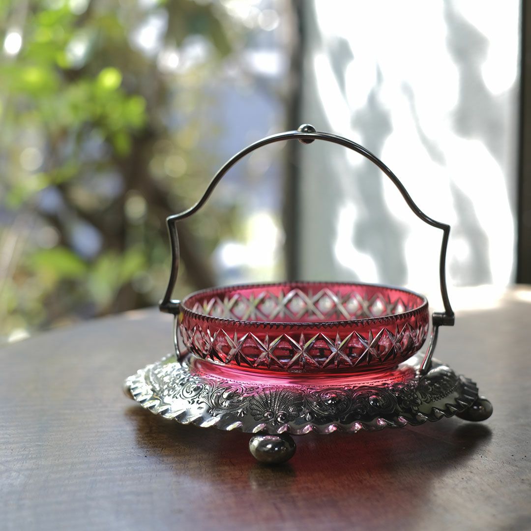 アンティークジャムディッシュ イギリス クランベリー 綺麗な赤いガラス器