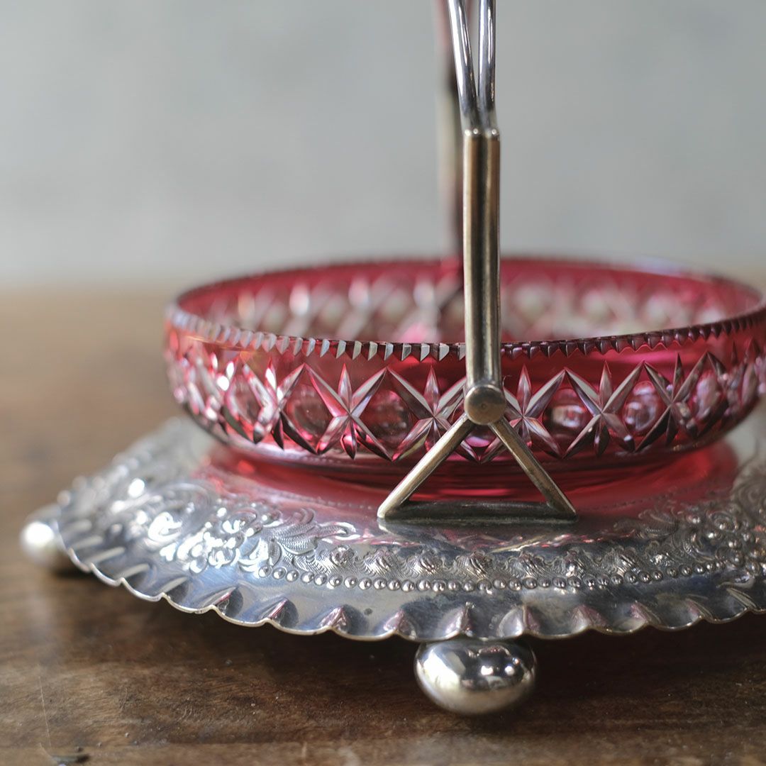 アンティークジャムディッシュ イギリス クランベリー 綺麗な赤いガラス器4