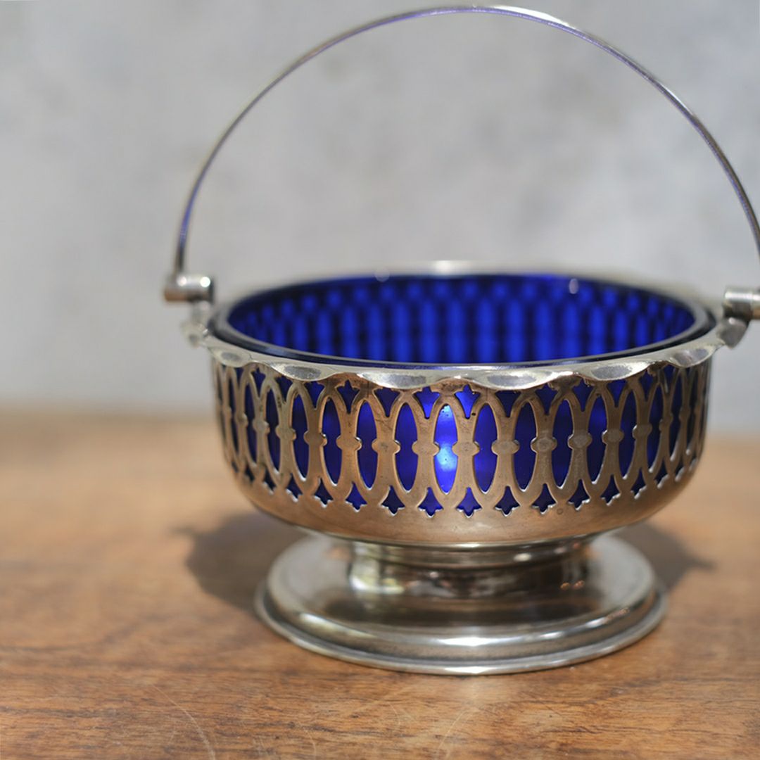 ヴィンテージシュガーバスケット ブルーグラス イギリス 銀メッキ3