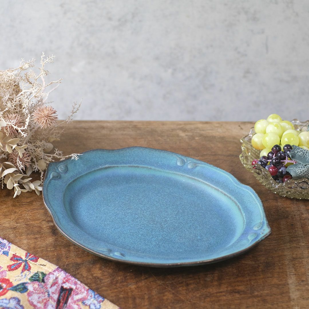 益子焼 オーバル皿L(29cm) ターコイズ 洋皿 パスタ皿 手作り わかさま