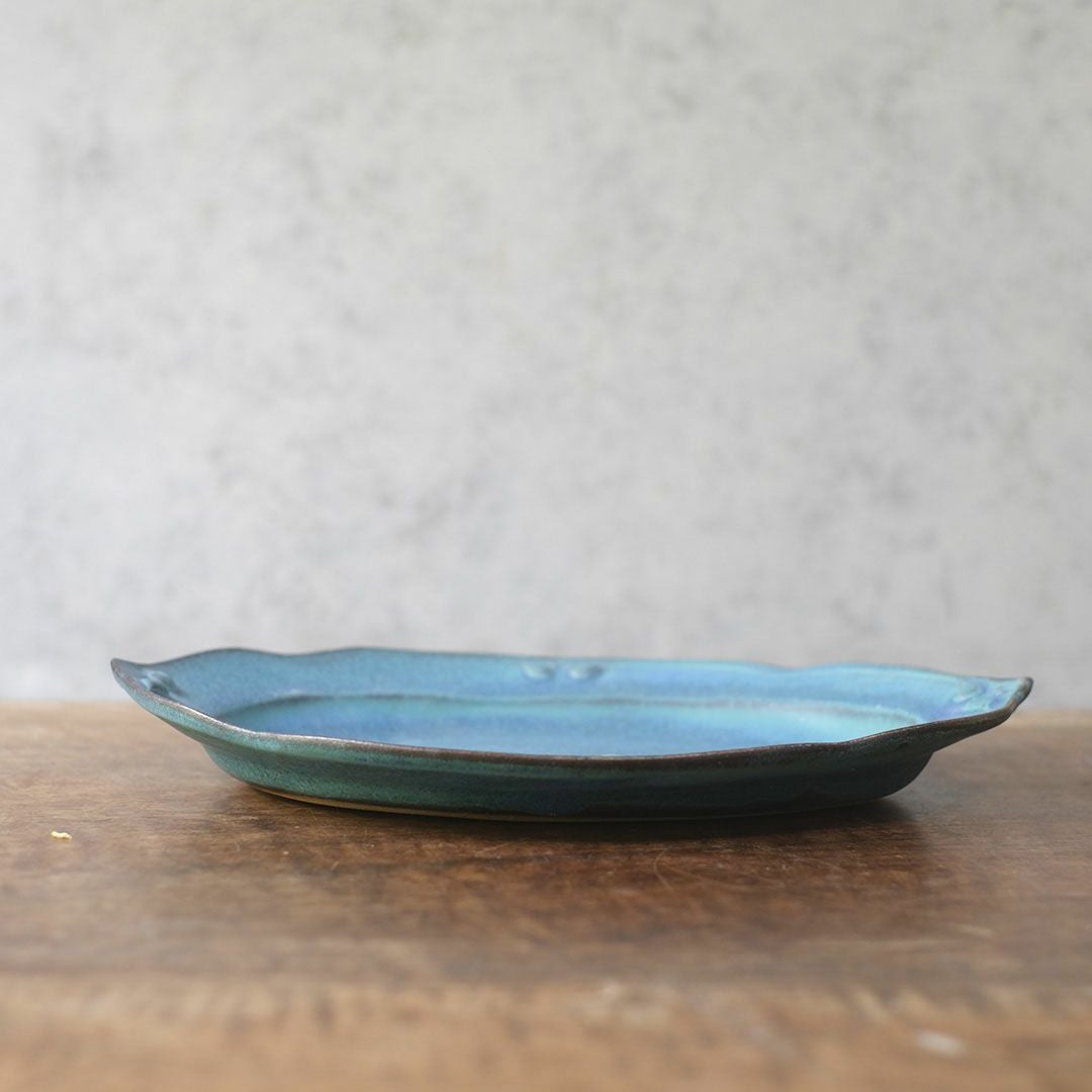 益子焼 オーバル皿L(29cm) ターコイズ 洋皿 パスタ皿 手作り わかさま