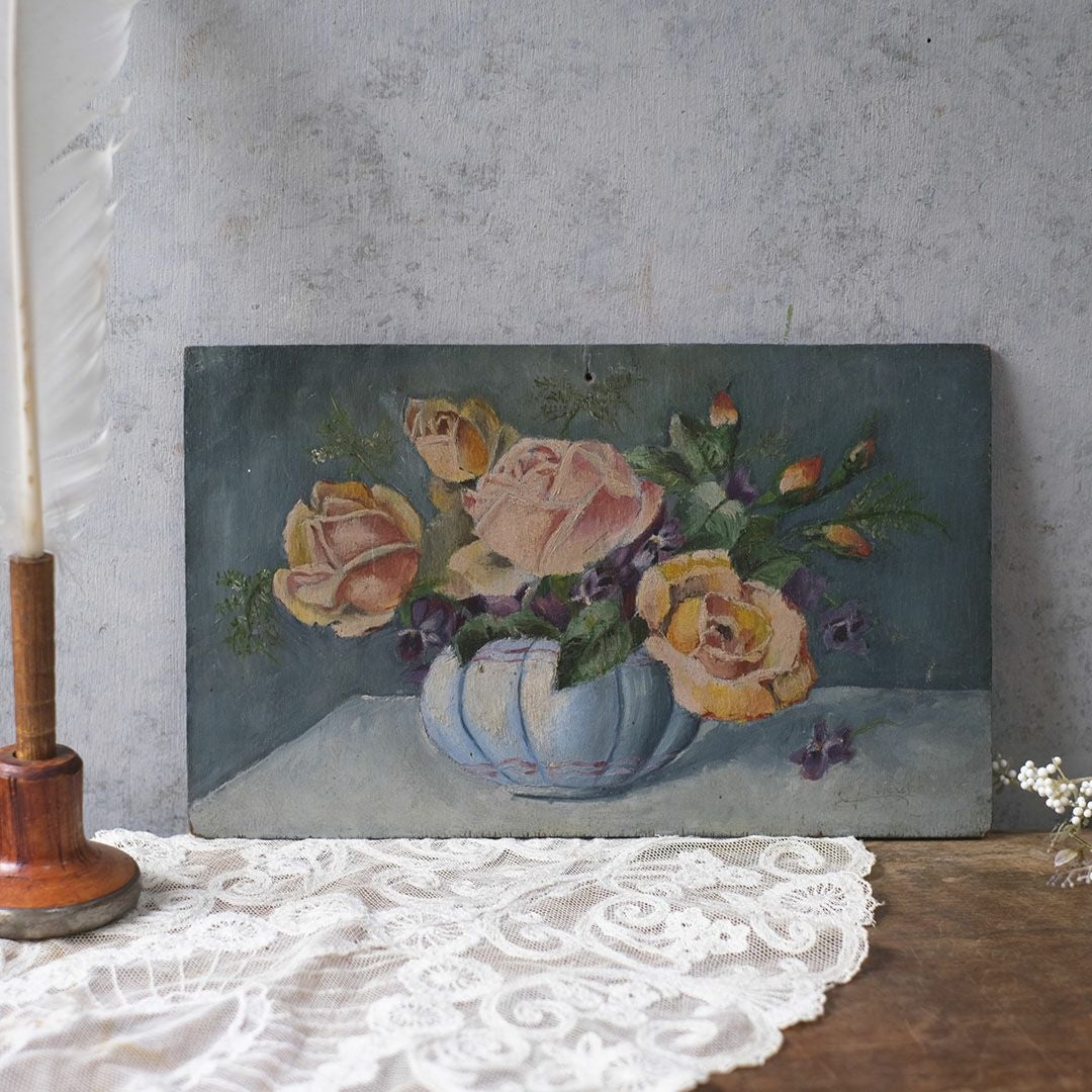 アンティーク油絵 薔薇 フランス 絵画