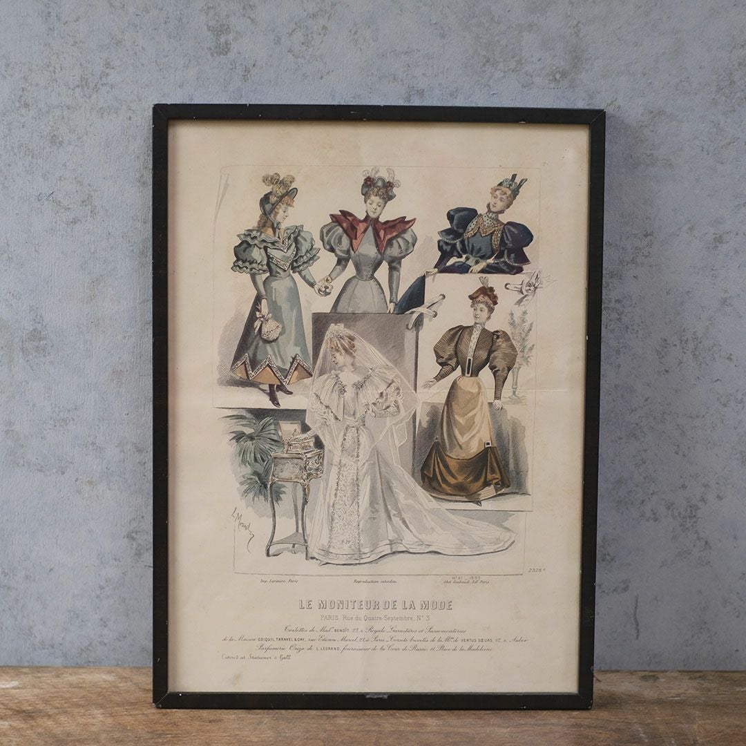 アンティーク リトグラフピクチャー ドレスを着た婦人 フランスのファッション画 石版画