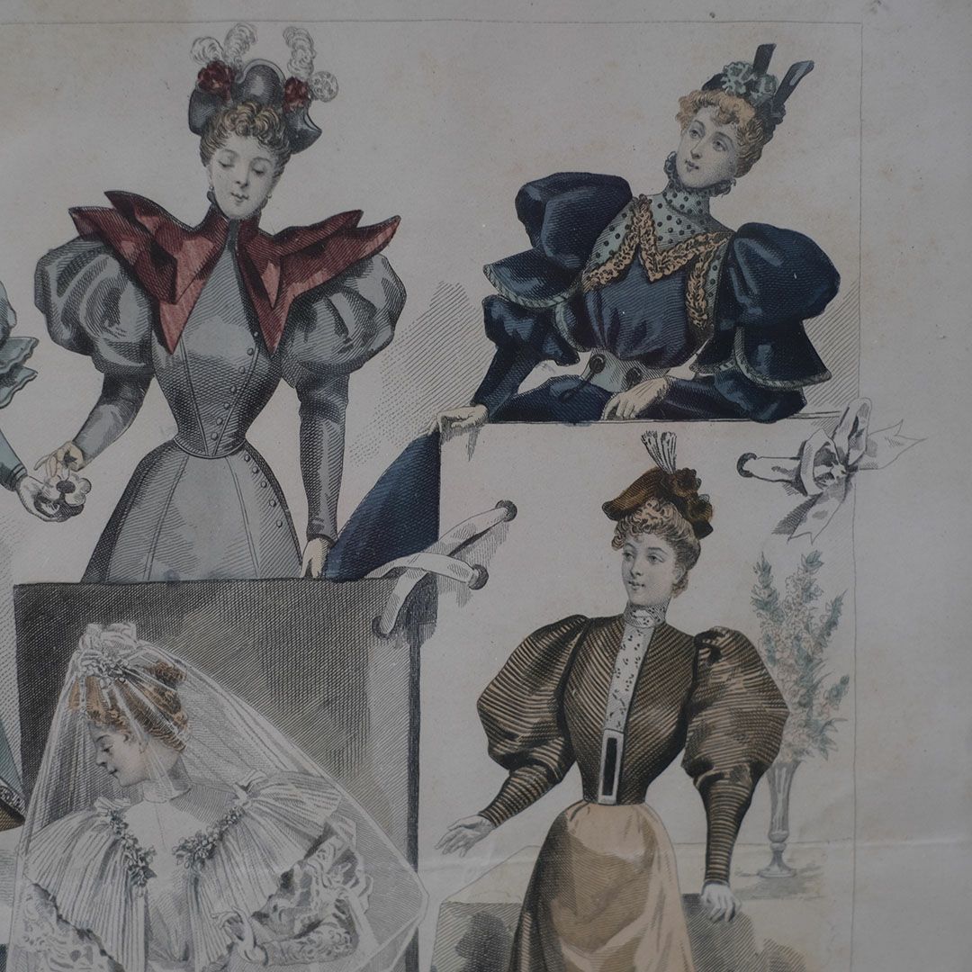 アンティーク リトグラフピクチャー ドレスを着た婦人 フランスのファッション画 石版画7