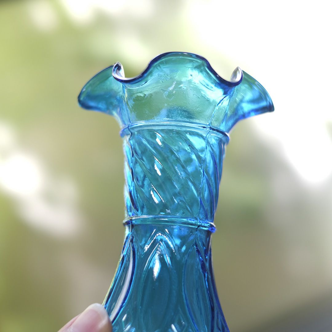 アンティークフラワーベース 花瓶 青 吹きガラス フランス3