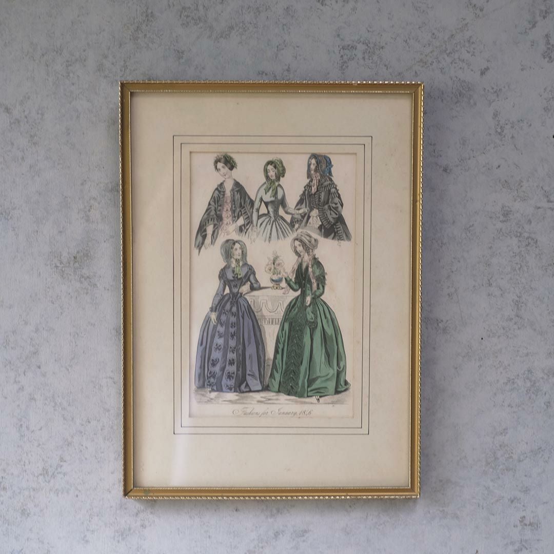 アンティークリトグラフピクチャー ドレスを着た婦人 フランスのファッション画 石版画　絵1