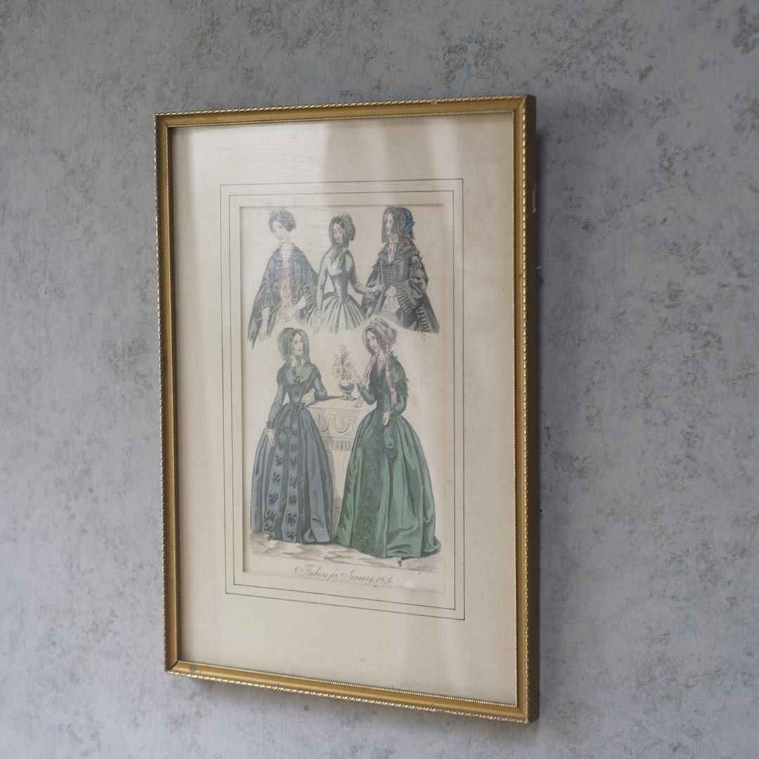 アンティークリトグラフピクチャー ドレスを着た婦人 フランスのファッション画 石版画　絵2