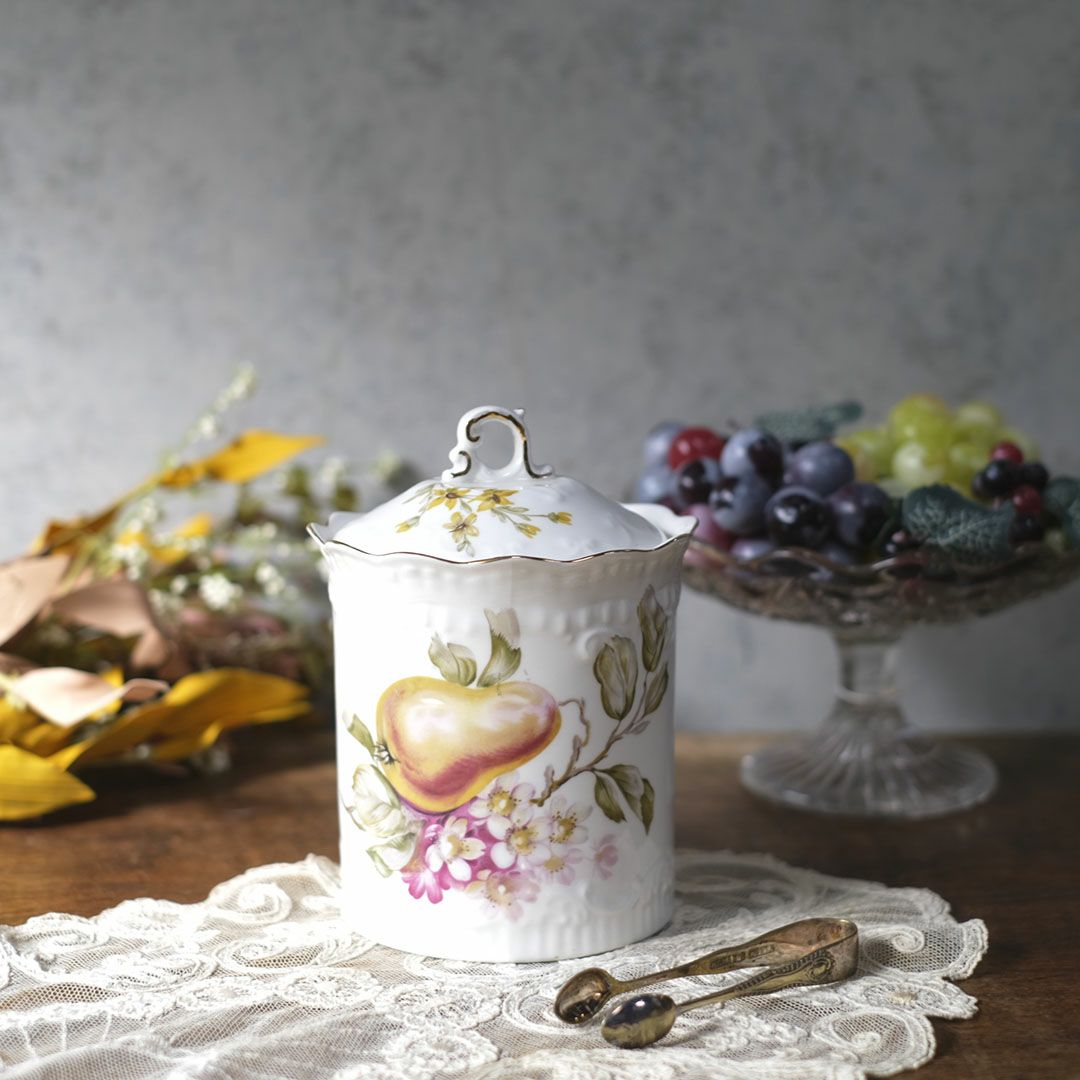 アンティーク 陶器キャニスター 蓋付き フルーツ＆フラワー 1900年頃