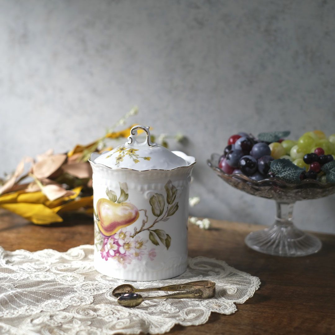 アンティーク 陶器キャニスター 蓋付き フルーツ＆フラワー 1900年頃 イギリス1