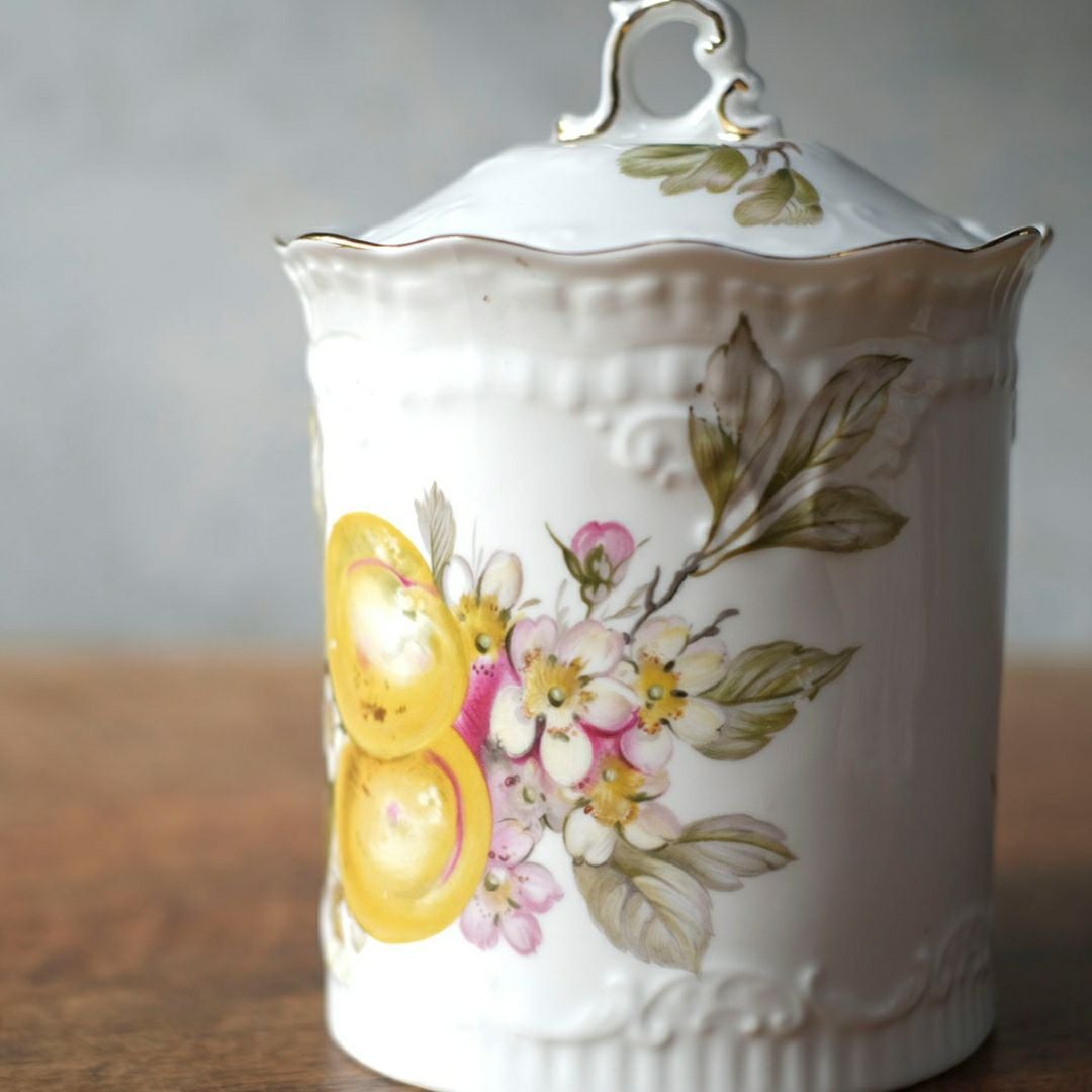 アンティーク 陶器キャニスター 蓋付き フルーツ＆フラワー 1900年頃 イギリス5