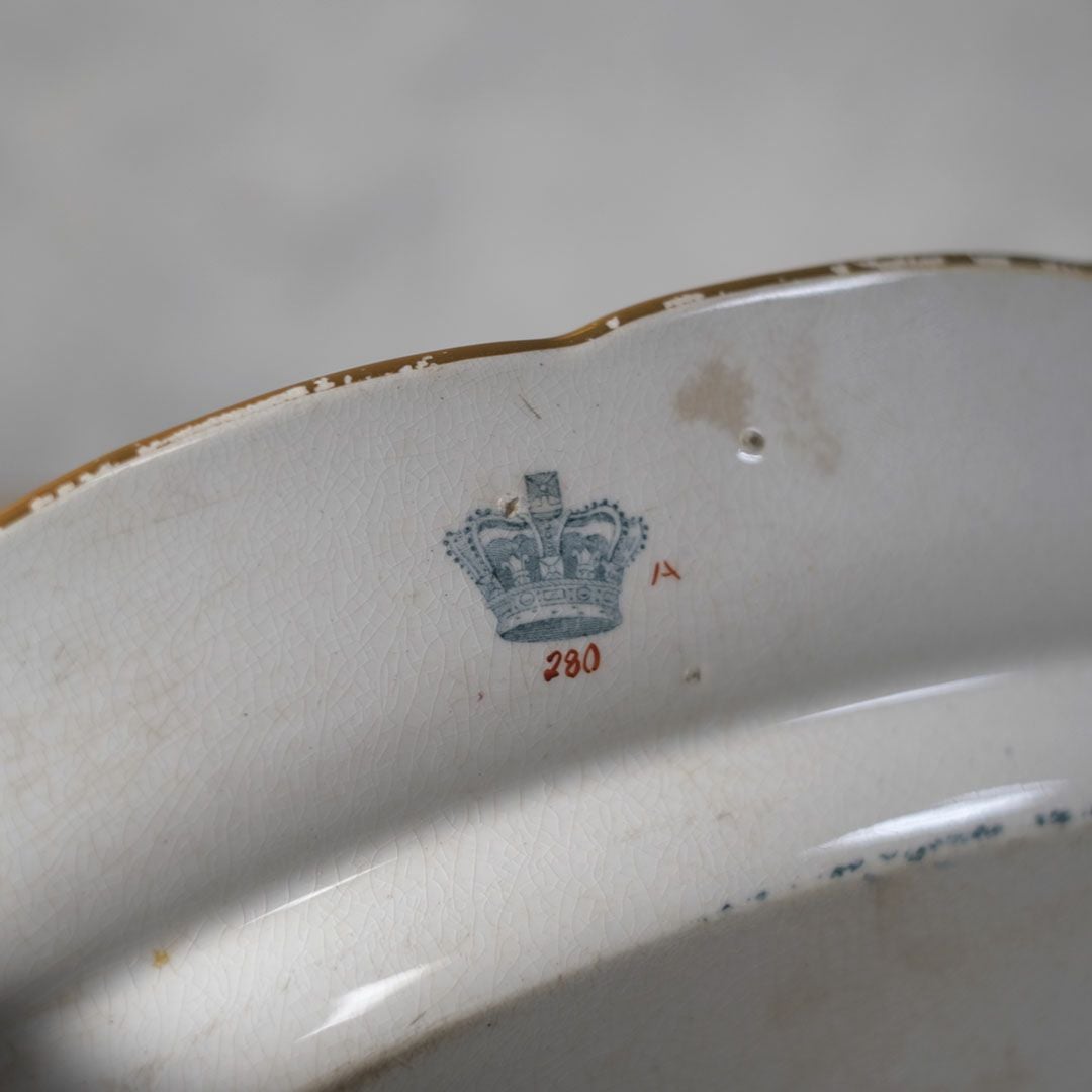 アンティークサービングプレート　フローラルガーランド　緑縁 花籠文様　1800年代前半 イギリス9