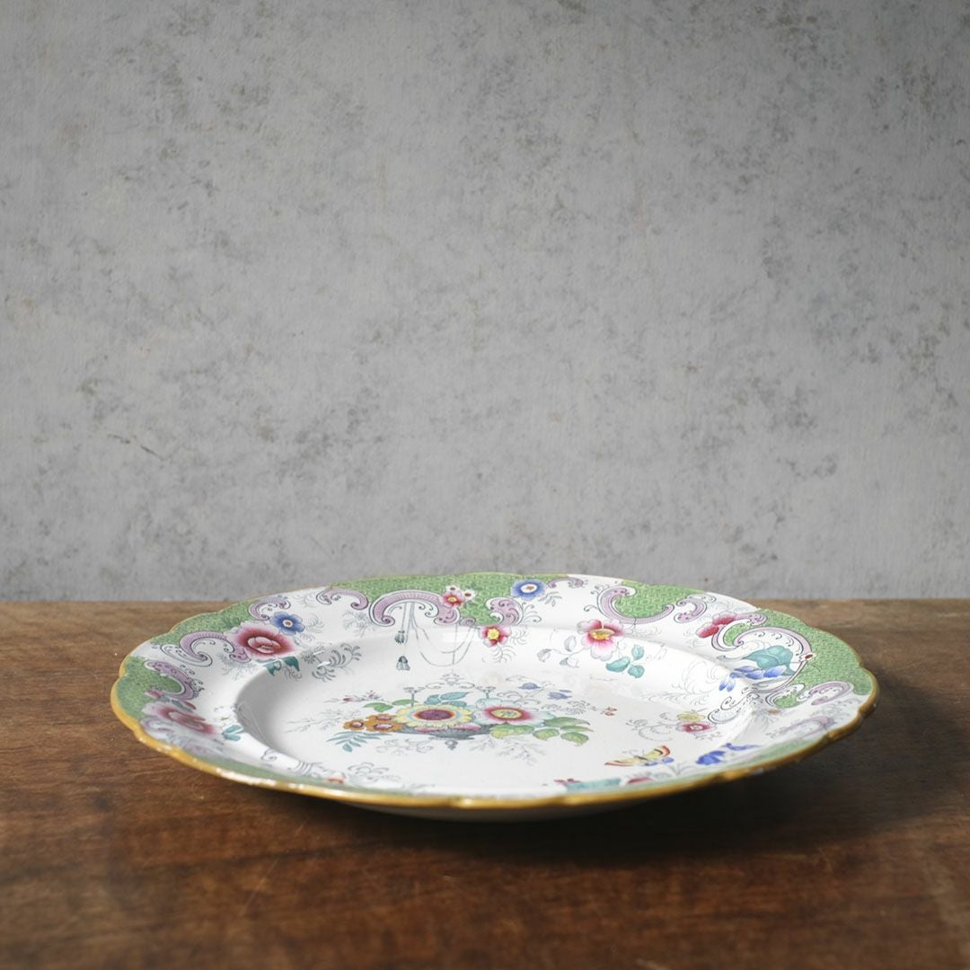 アンティークプレート　フローラルガーランド　緑縁 花籠文様 19世紀後半　イギリス 4