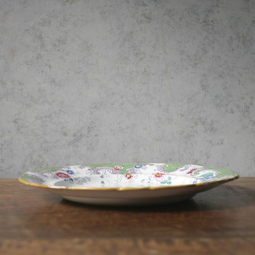 アンティークプレート　フローラルガーランド　緑縁 花籠文様 19世紀後半　イギリス 5