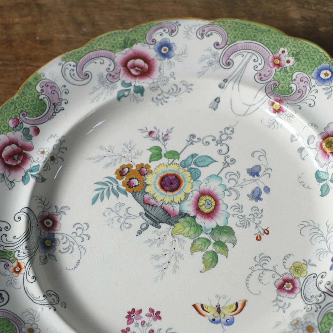 アンティークプレート　フローラルガーランド　緑縁 花籠文様 19世紀後半　イギリス6 