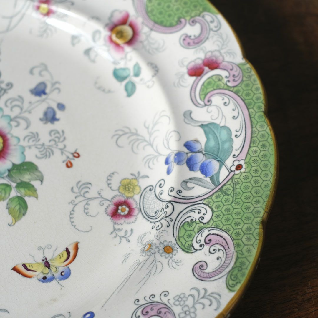 アンティークプレート　フローラルガーランド　緑縁 花籠文様 19世紀後半　イギリス 7