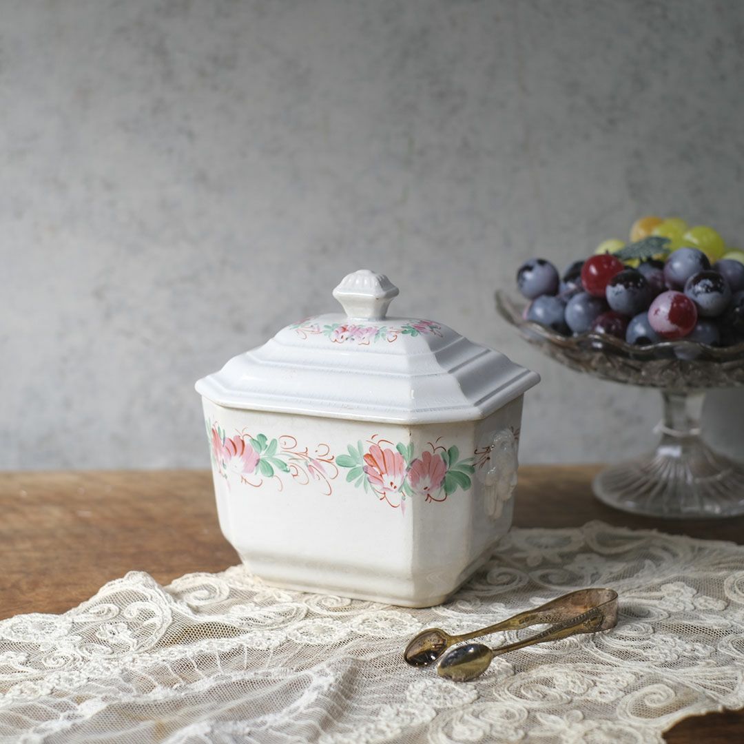 アンティーク シュガーポット 陶器 花模様 Choisy-le-Roi